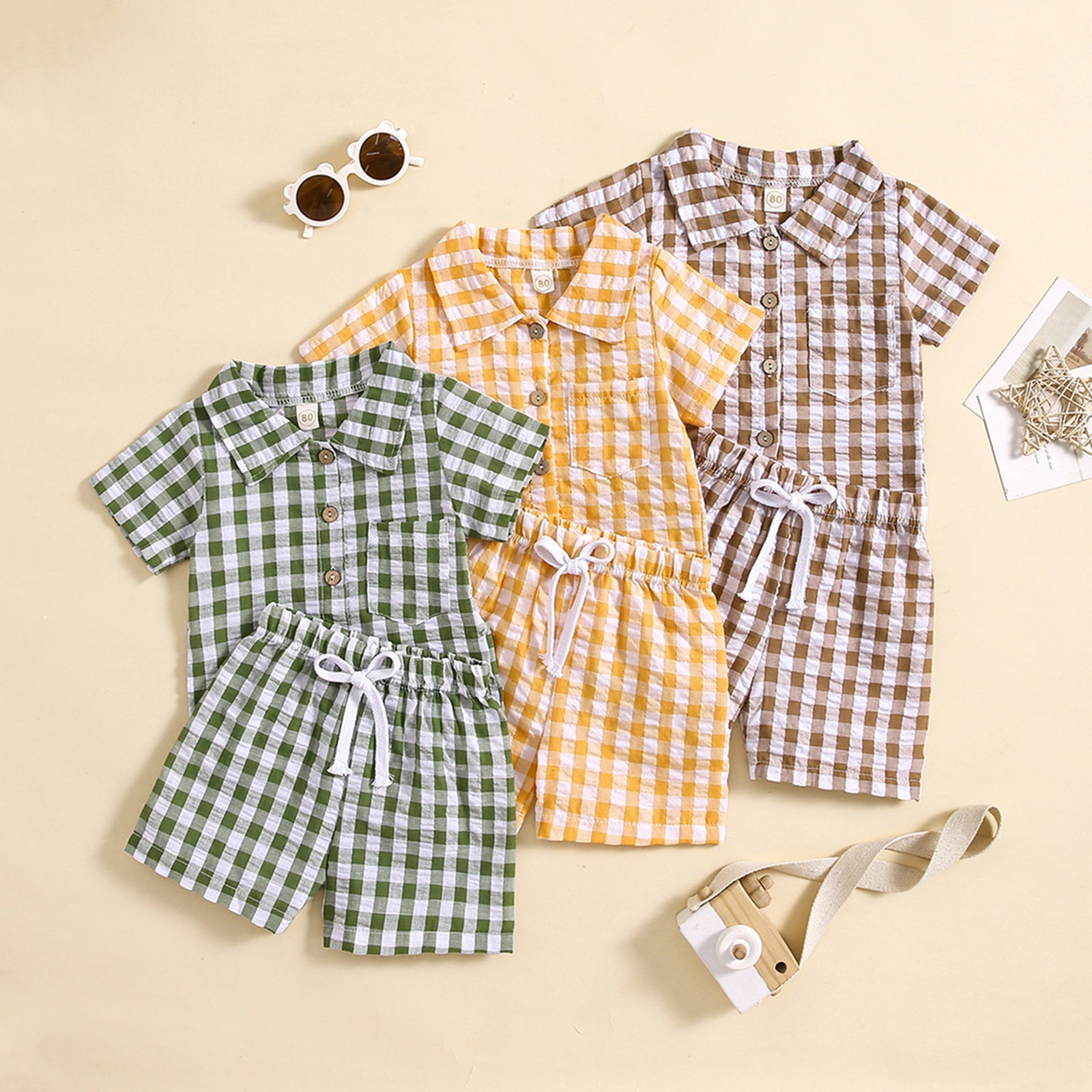 Boys And Girls Short Sleeve Plaid Shirt Two-piece Set - Cindi Book