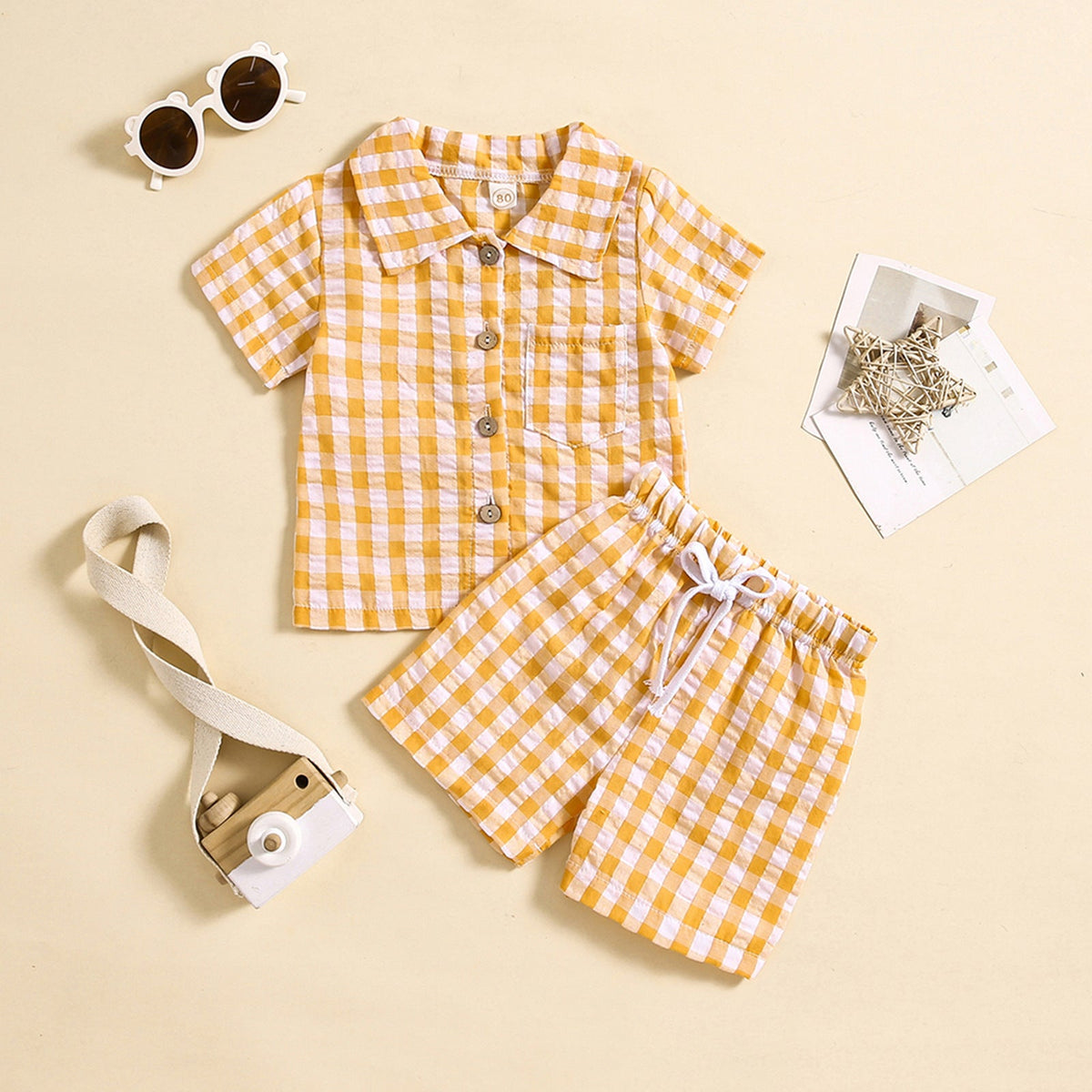 Boys And Girls Short Sleeve Plaid Shirt Two-piece Set - Cindi Book