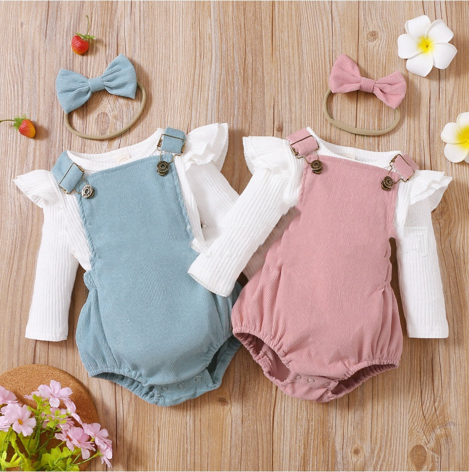 Solid Color Sunken Stripe Top and Suspender Pants Set