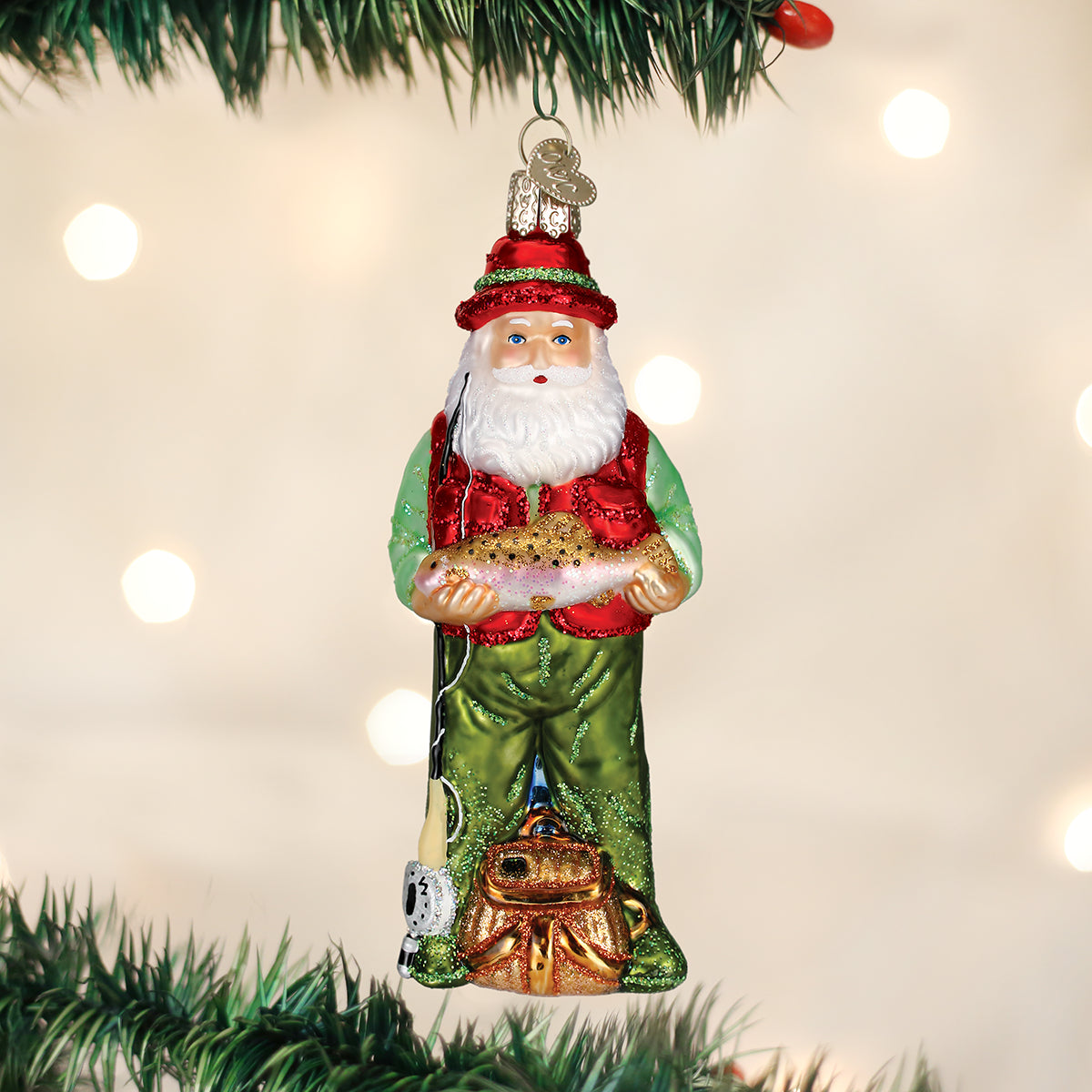 Old World Christmas Fly Fishing Santa Ornament - hand-blown glass Christmas tree ornament
