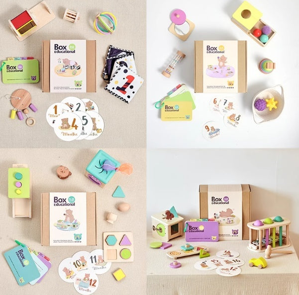 Educational Wooden Montessori Rattle with Black and White Cards and Ball Chime Toy - Gift Set