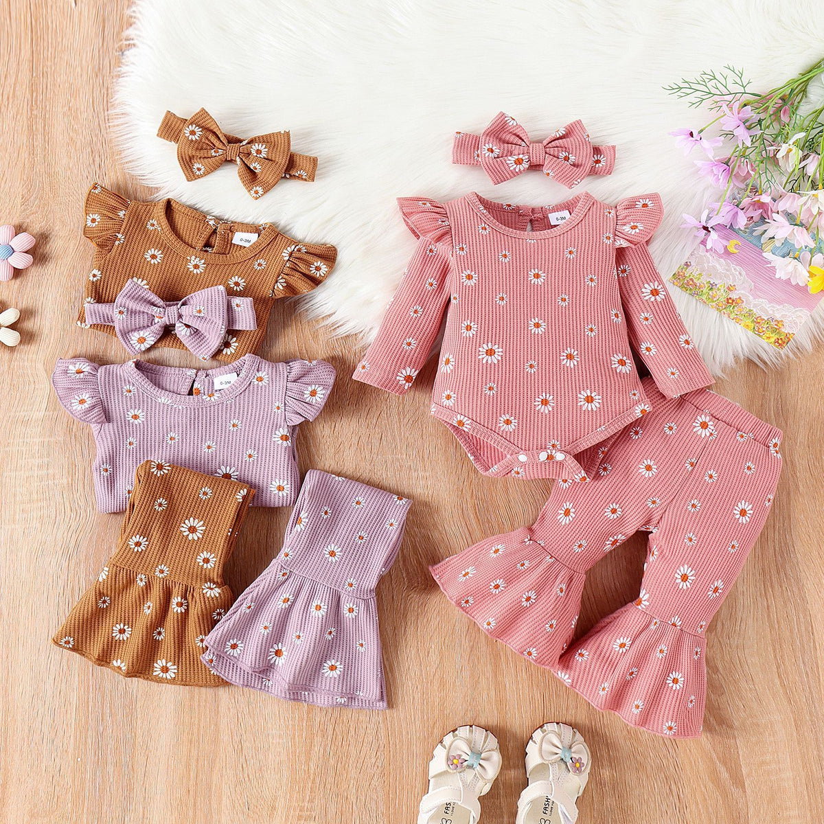 Children's Printed Top Bell-bottom Pants Hair Band Set - Cindi Book