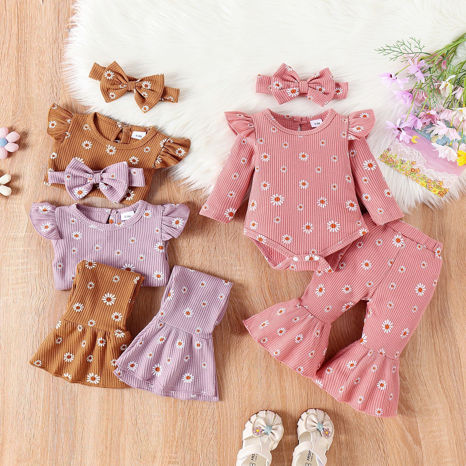 Children's Printed Top Bell-bottom Pants Hair Band Set - Cindi Book