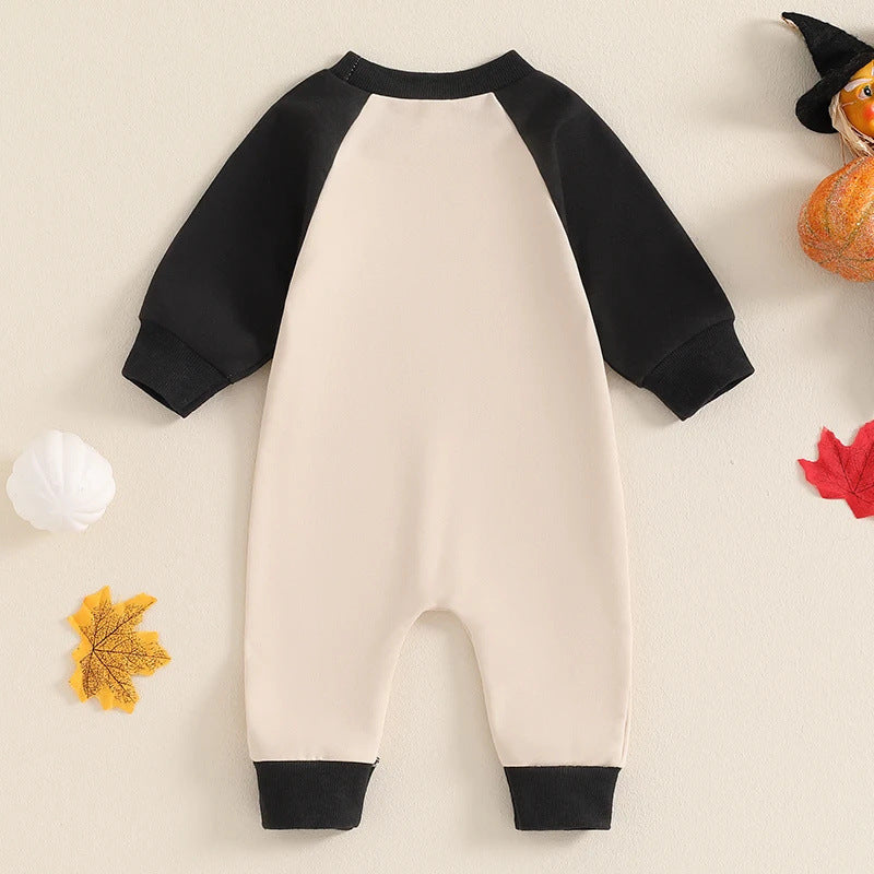 Letter Ghost Embroidery Color blocked Long sleeved Cartoon Cute jumpsuit Crawler - Cindi Book
