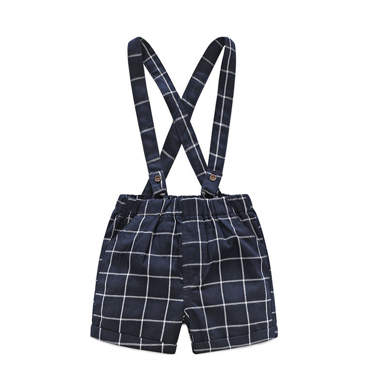 Children's Short-sleeved Knitted One-piece Romper Sheath Romper Plaid Suspender Pants - Cindi Book