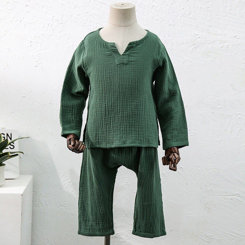 Children's Crepe Cotton Home Wear Suit Solid Color Two-piece Set - Cindi Book