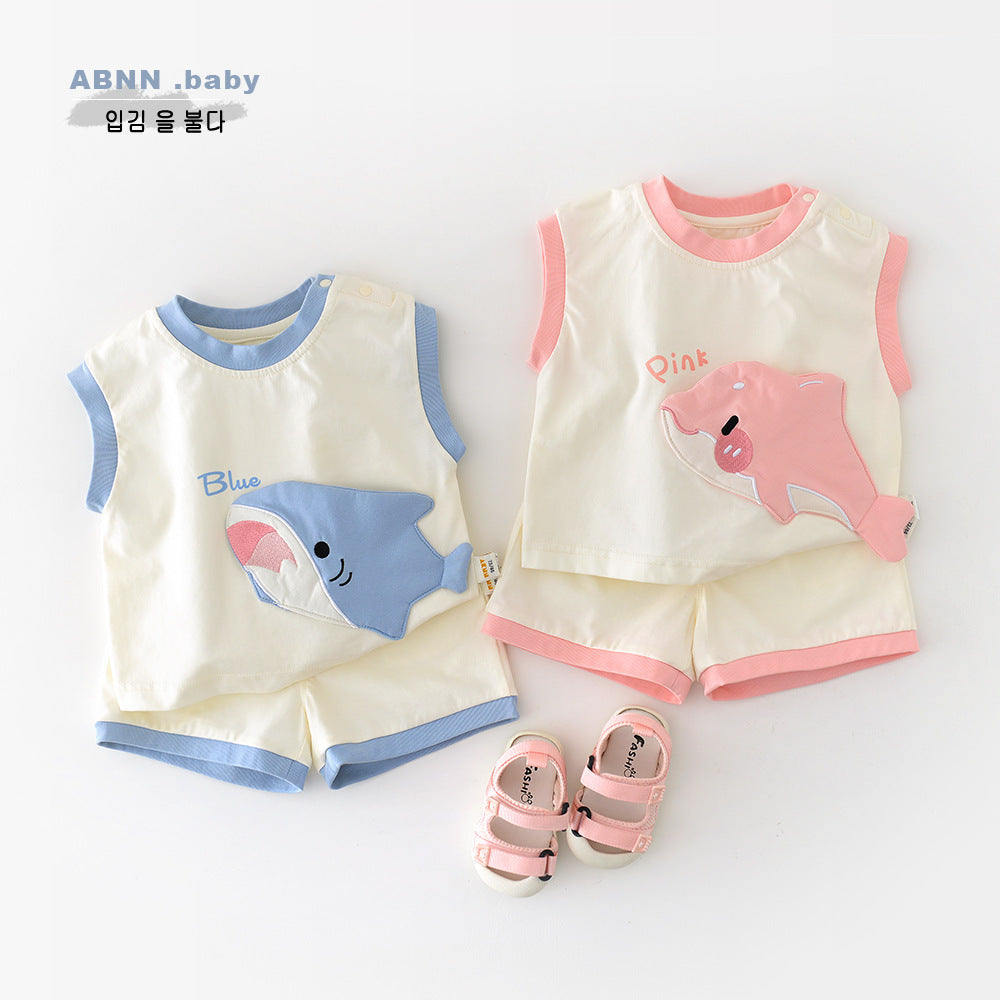 Boys and Girls Summer Cartoon Shark Vest Set