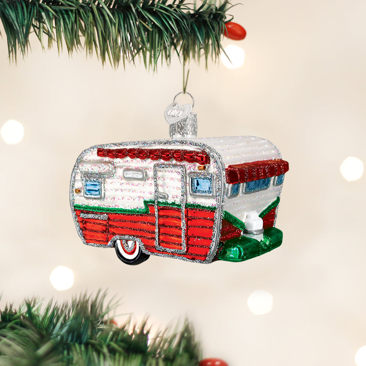 Old World Christmas Travel Trailer Ornament - hand-blown glass Christmas tree ornament
