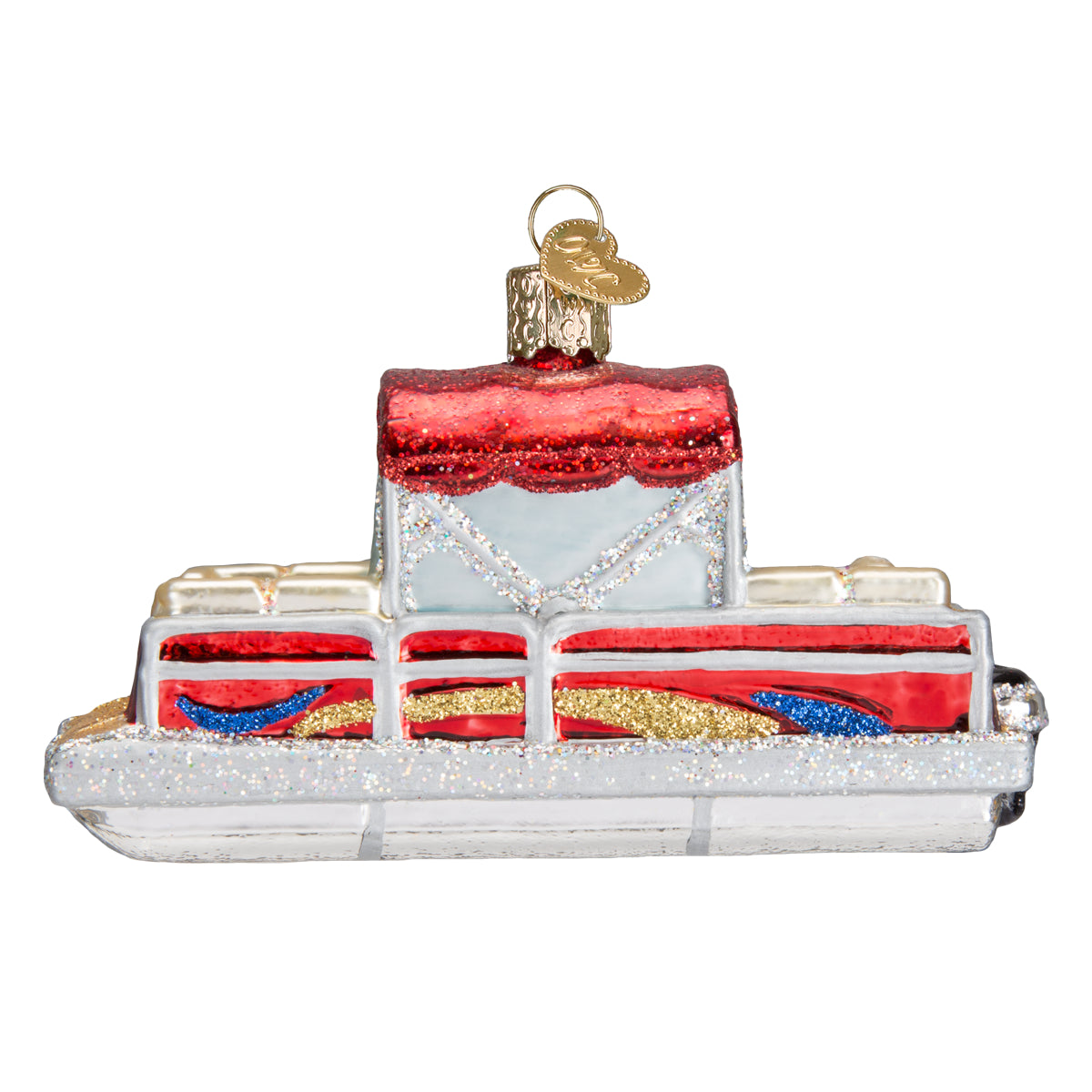 Old World Christmas Pontoon Boat Ornament - hand-blown glass Christmas tree ornament (view 3)