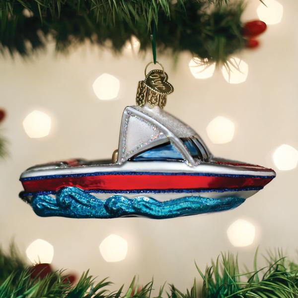 Old World Christmas Ski Boat Ornament - hand-blown glass Christmas tree ornament