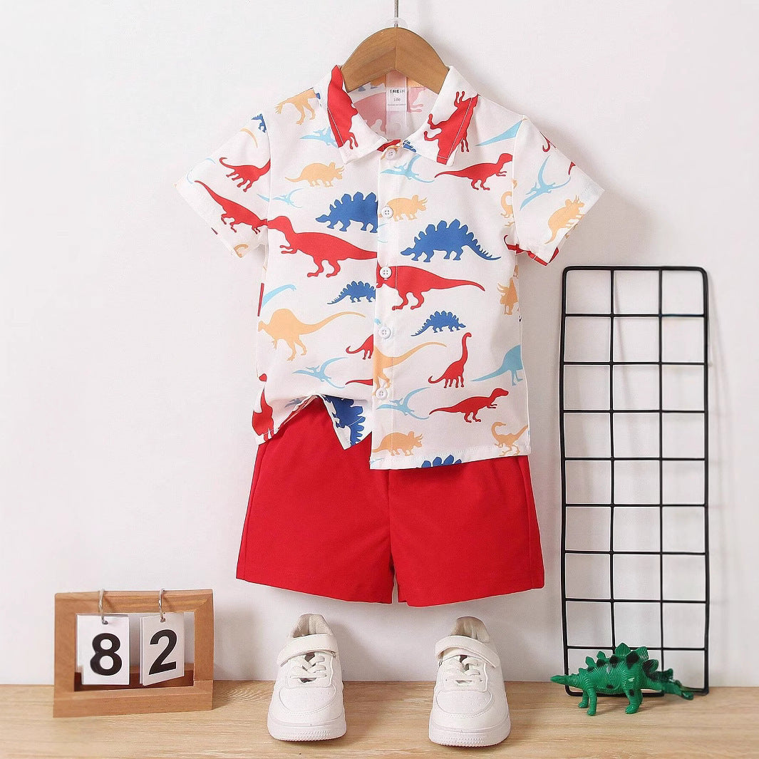 Baby Short Sleeve Shorts Cardigan Two-piece Set Animal Dinosaur Print - Cindi Book