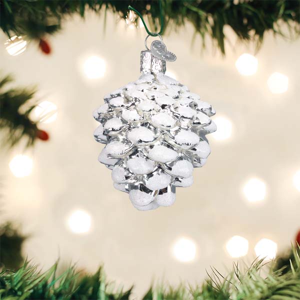 Old World Christmas Snow-capped Silver Snowy Cone Ornament - hand-blown glass Christmas tree ornament