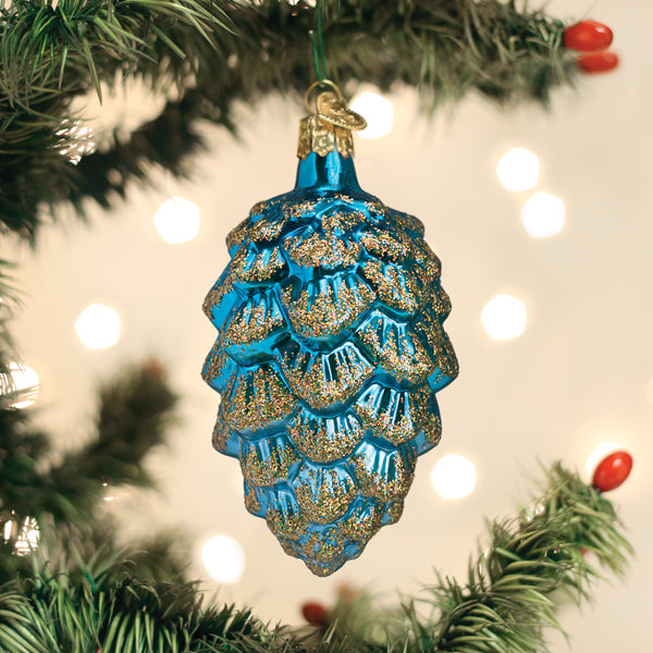 Old World Christmas Blue Ponderosa Pine Cone Ornament - hand-blown glass Christmas tree ornament