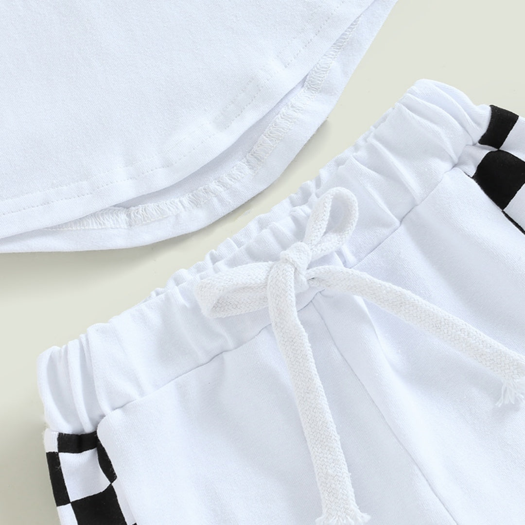 New Infant Toddler Chessboard Plaid Stitching Short Sleeve Set