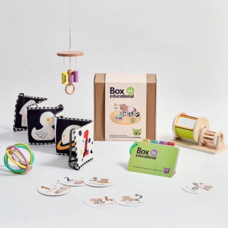 Educational Wooden Montessori Rattle with Black and White Cards and Ball Chime Toy - Gift Set