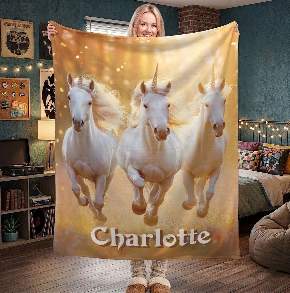 Personalized Unicorn Blanket with Name | Three Unicorns Golden Glow Design | Custom Gift for Girls & Teens
