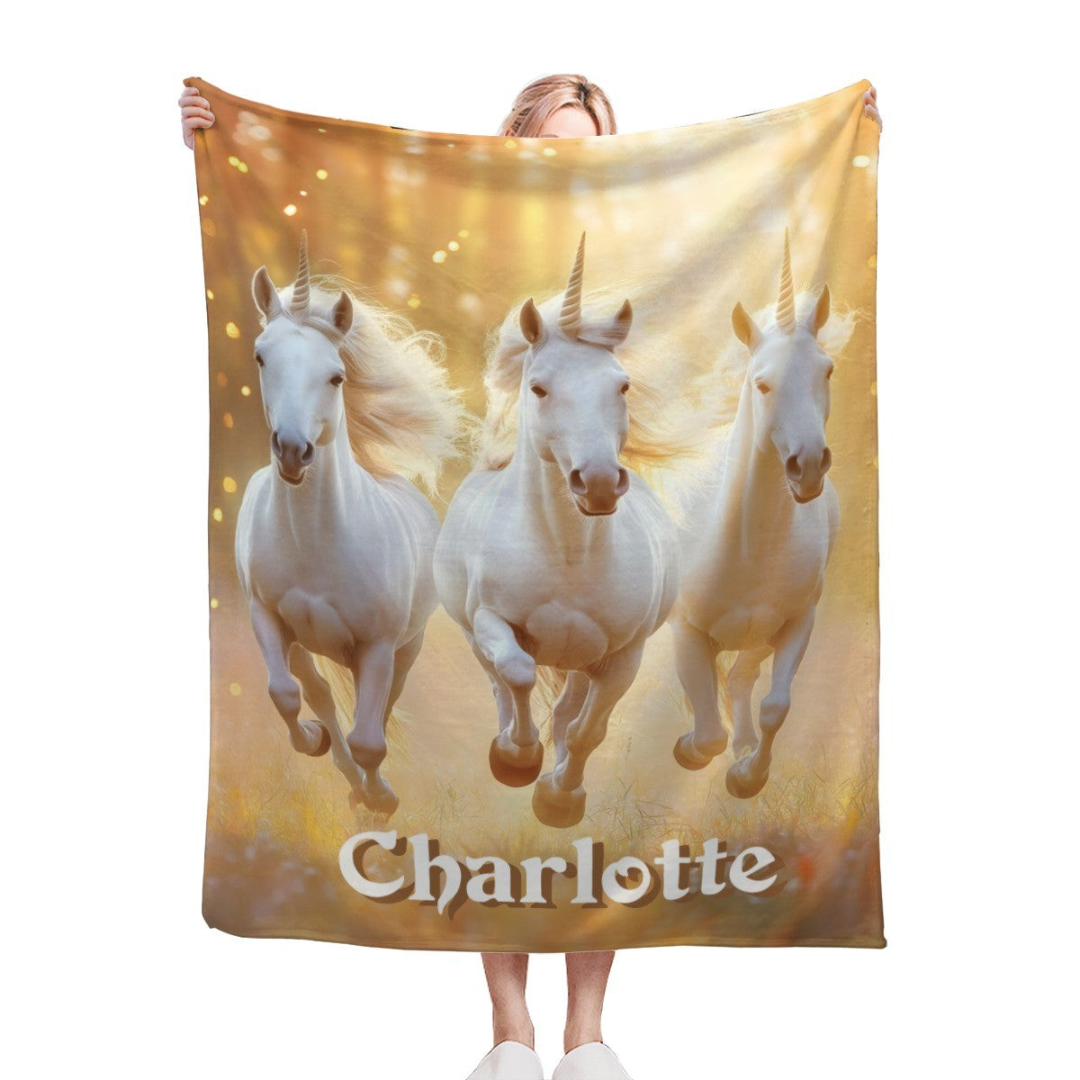 Personalized Unicorn Blanket with Name | Three Unicorns Golden Glow Design | Custom Gift for Girls & Teens