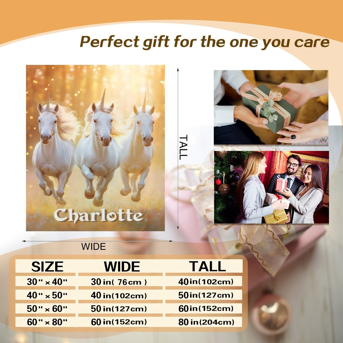 Personalized Unicorn Blanket with Name | Three Unicorns Golden Glow Design | Custom Gift for Girls & Teens