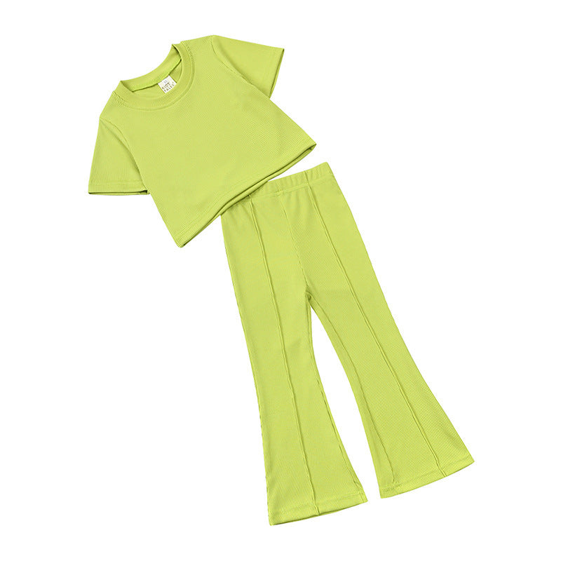 Girls' Short-sleeved Shirt Bell-bottom Pants Two-piece Set - Cindi Book