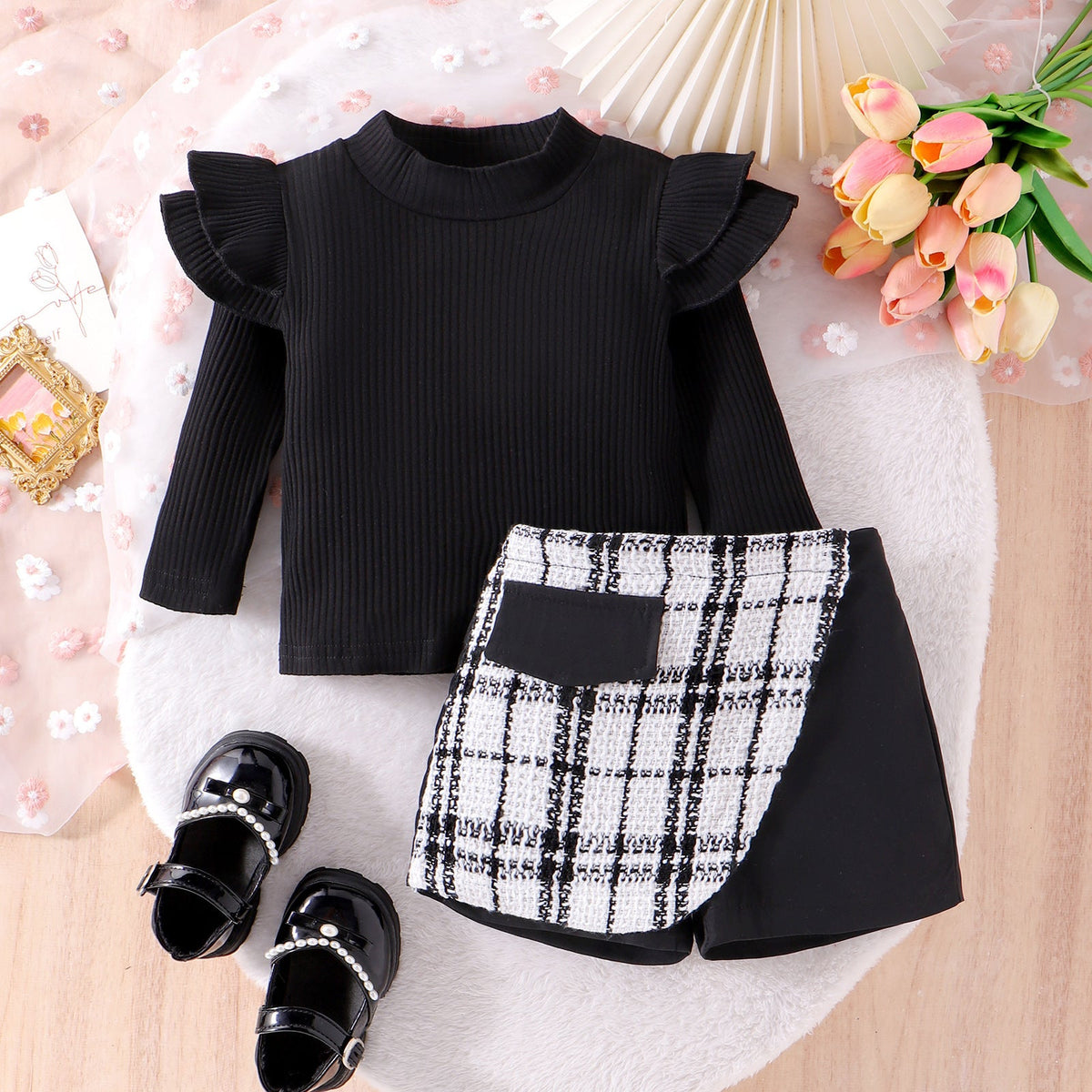Trendy Style Girls' Skirt Set Solid Color Striped Long Sleeve Classic Style Culottes Two-piece Set - Cindi Book
