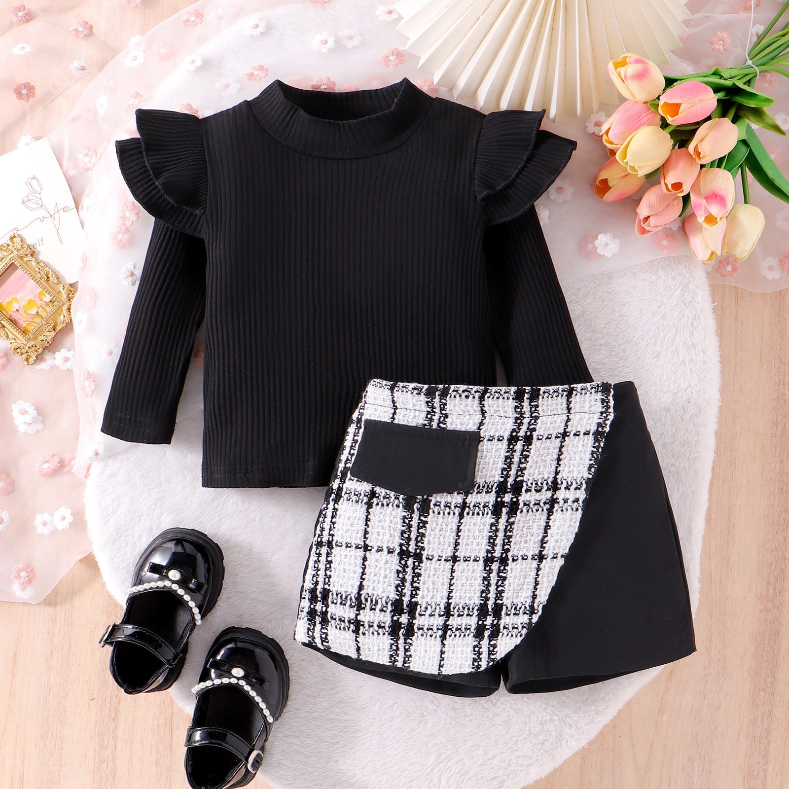 Trendy Style Girls' Skirt Set Solid Color Striped Long Sleeve Classic Style Culottes Two-piece Set - Cindi Book