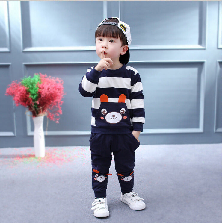Children's Clothing Set Boys and Girls Virgin Baby Cartoon Bear Striped Sweater Set Children