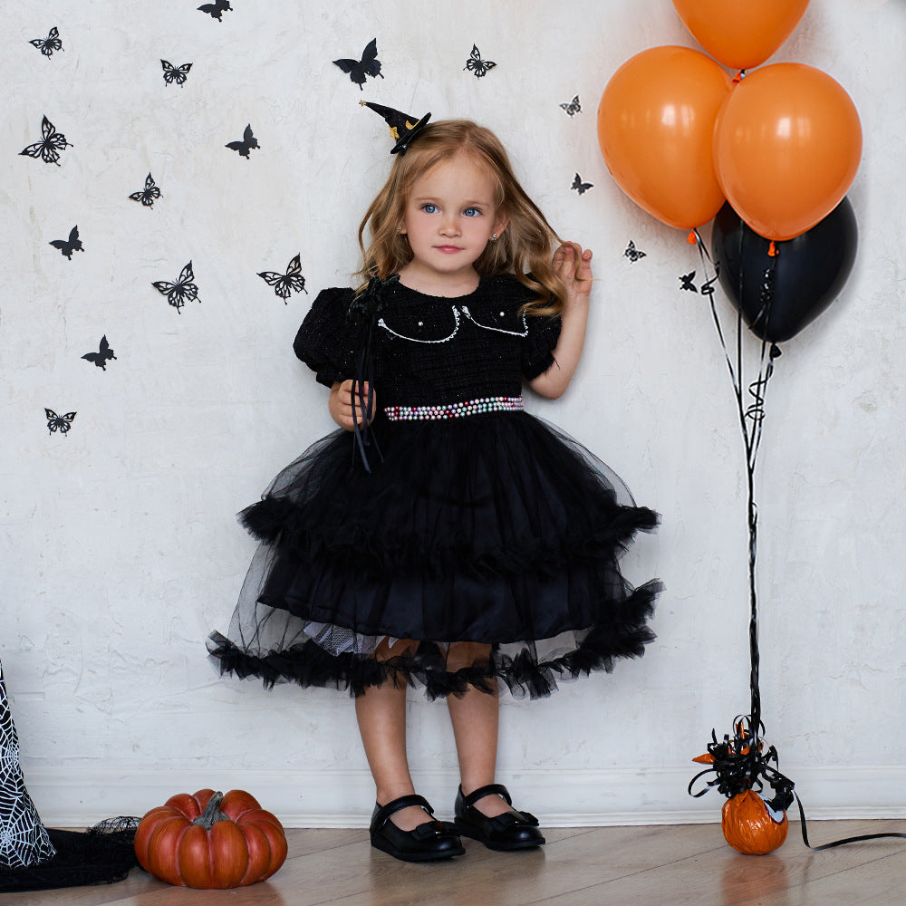 Girls' Fashion Halloween Mesh Stitching Puff Sleeve Dress - Cindi Book