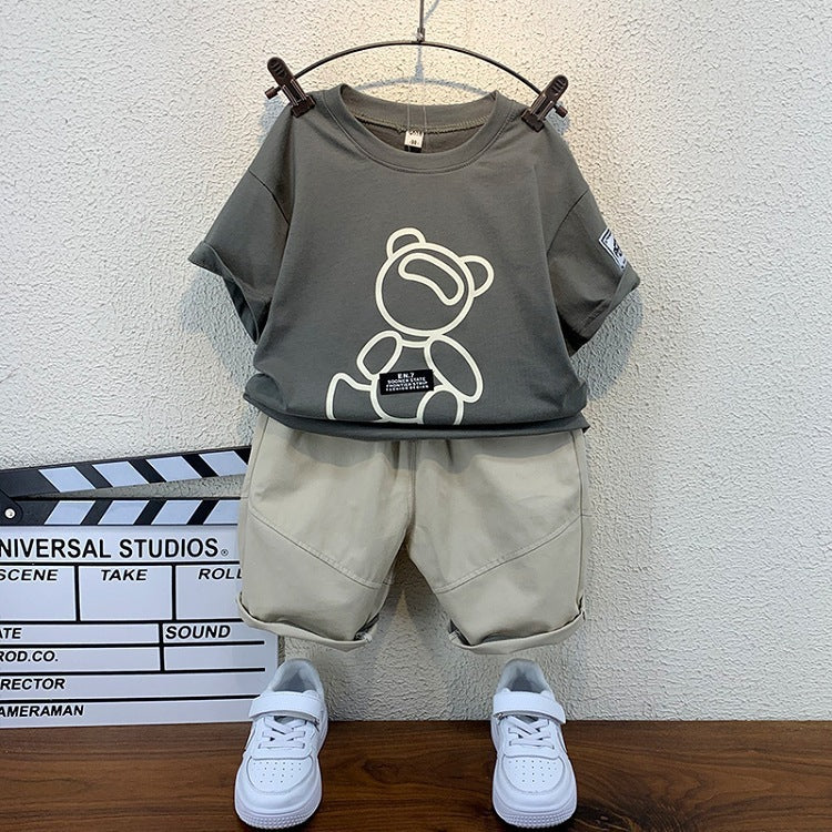 Boys And Girls Solid Color Bear Print Armband T-shirt Short Sleeve Two-piece Set - Cindi Book