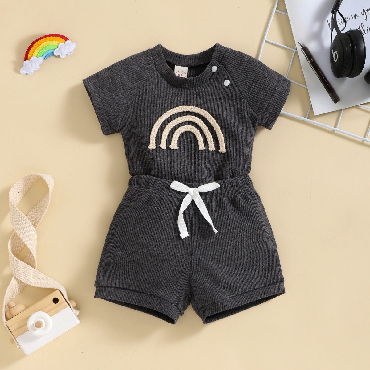 Rainbow Waffle Four-color Side Button Short Sleeve Baby Bodysuit Shorts Suit - Cindi Book