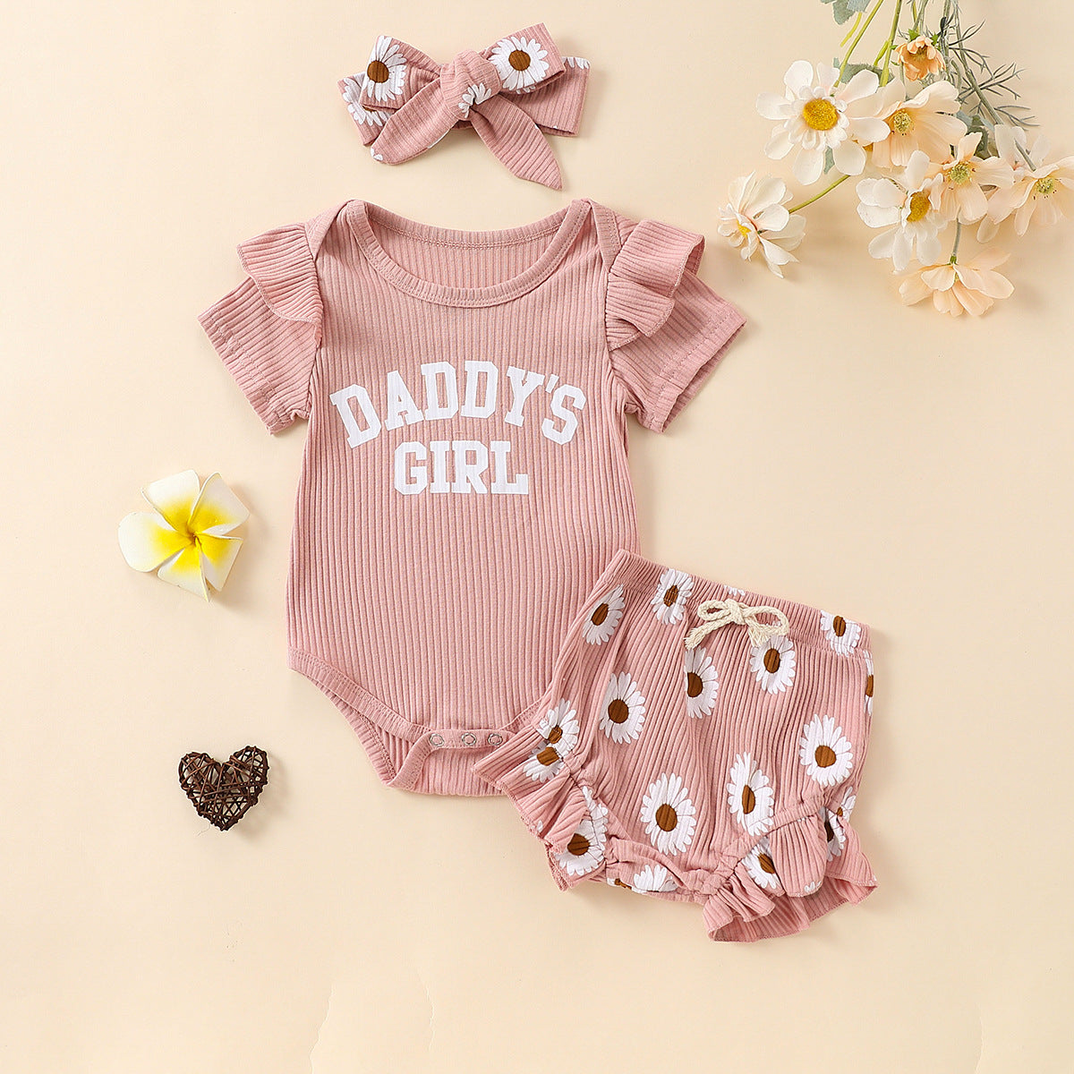 Flounced Sleeve Romper Fake Drawstring Shorts Two-piece Set - Cindi Book