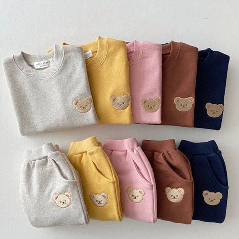Newborn Infant Children's Cotton Bear Round Neck Sweater Sports Set Cartoon Two Piece Set