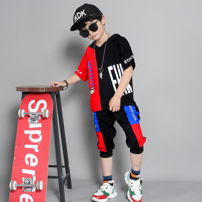 Children's clothing summer new boy short-sleeved suit in the big boy summer Korean version of the boy stitching sportswear tide - Cindi Book