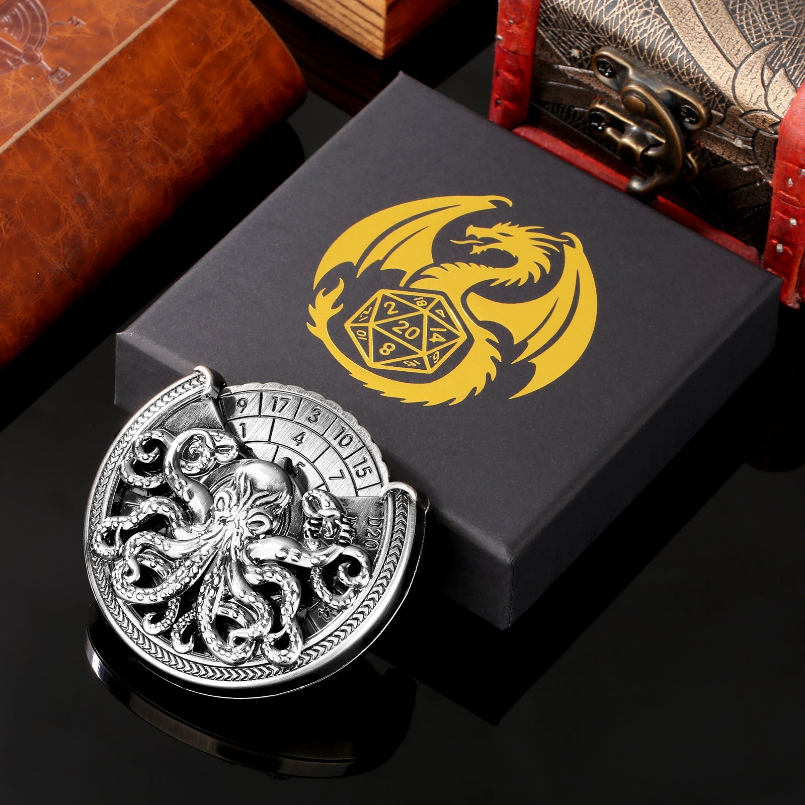 Vintage Kesulu Style, Super Refined Metal Octopus Dice Turntable Gift Box, Immersive Board Game Experience, D20 Random Surprise, Necessary Props For D&D Team - Cindi Book