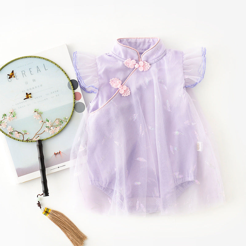 Baby Girl's Antique Style Buckle Mesh Feather Triangle Rompers Infant Onesie Dress - Cindi Book
