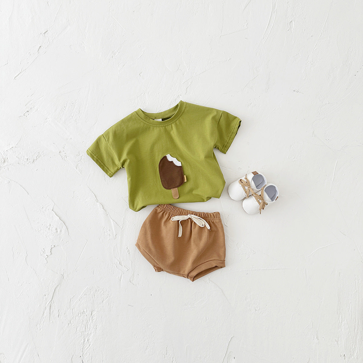 Girls' Casual Round Neck Cotton Ice Cream Patch Short Sleeve Shorts Suit - Cindi Book