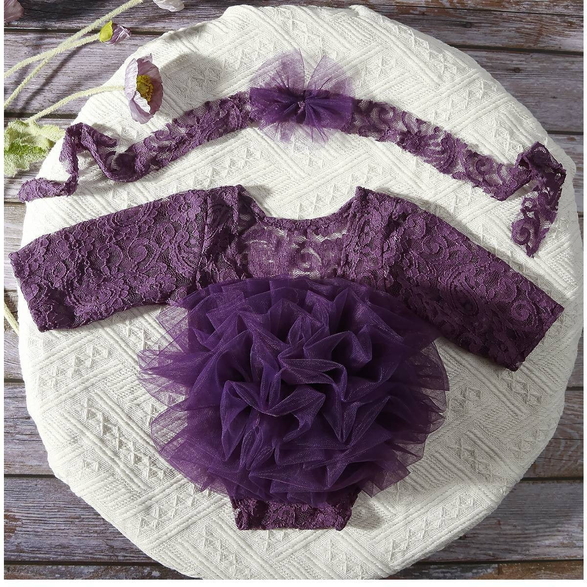 Newborn Costumes Lace Puff Gauze Skirt Headdress Flower Two-Piece Set
