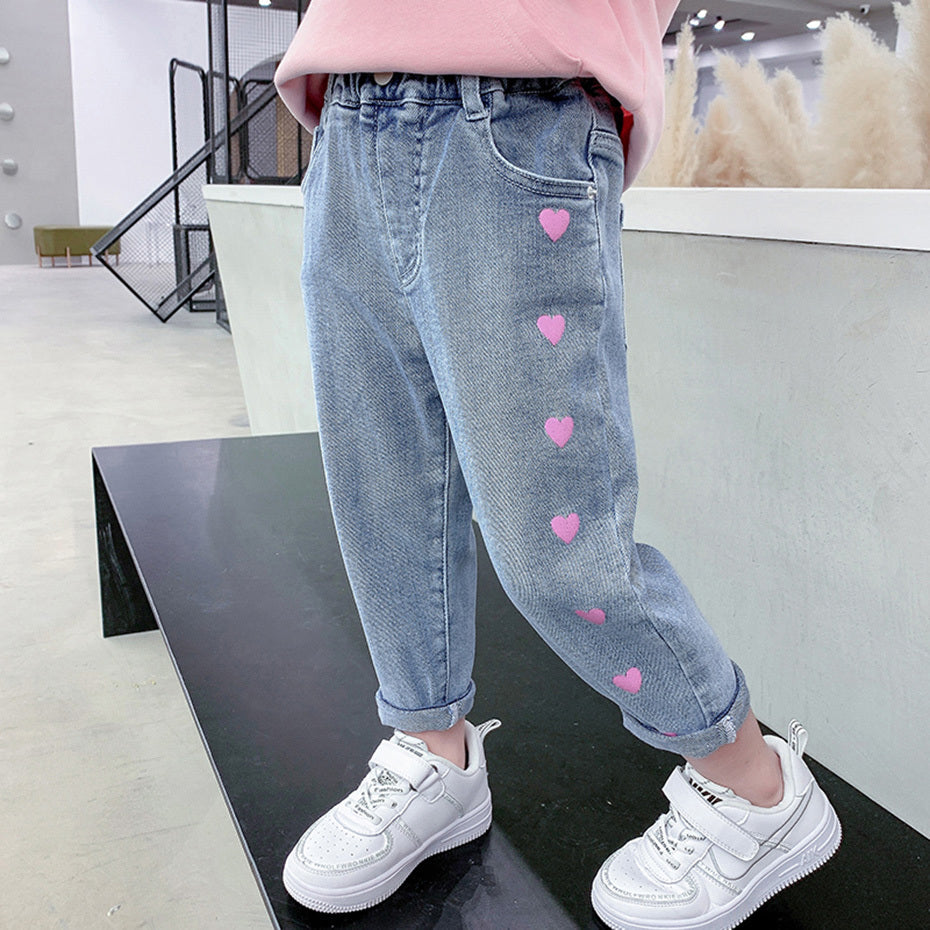 Girls Casual Thin Love Stretch Jeans