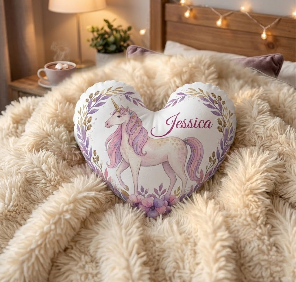 Personalized Unicorn Heart Pillow with Name | Full-Body Watercolor Unicorn, Pink Ombré Mane, Purple Botanical Garland Border | Custom Gift for Girls