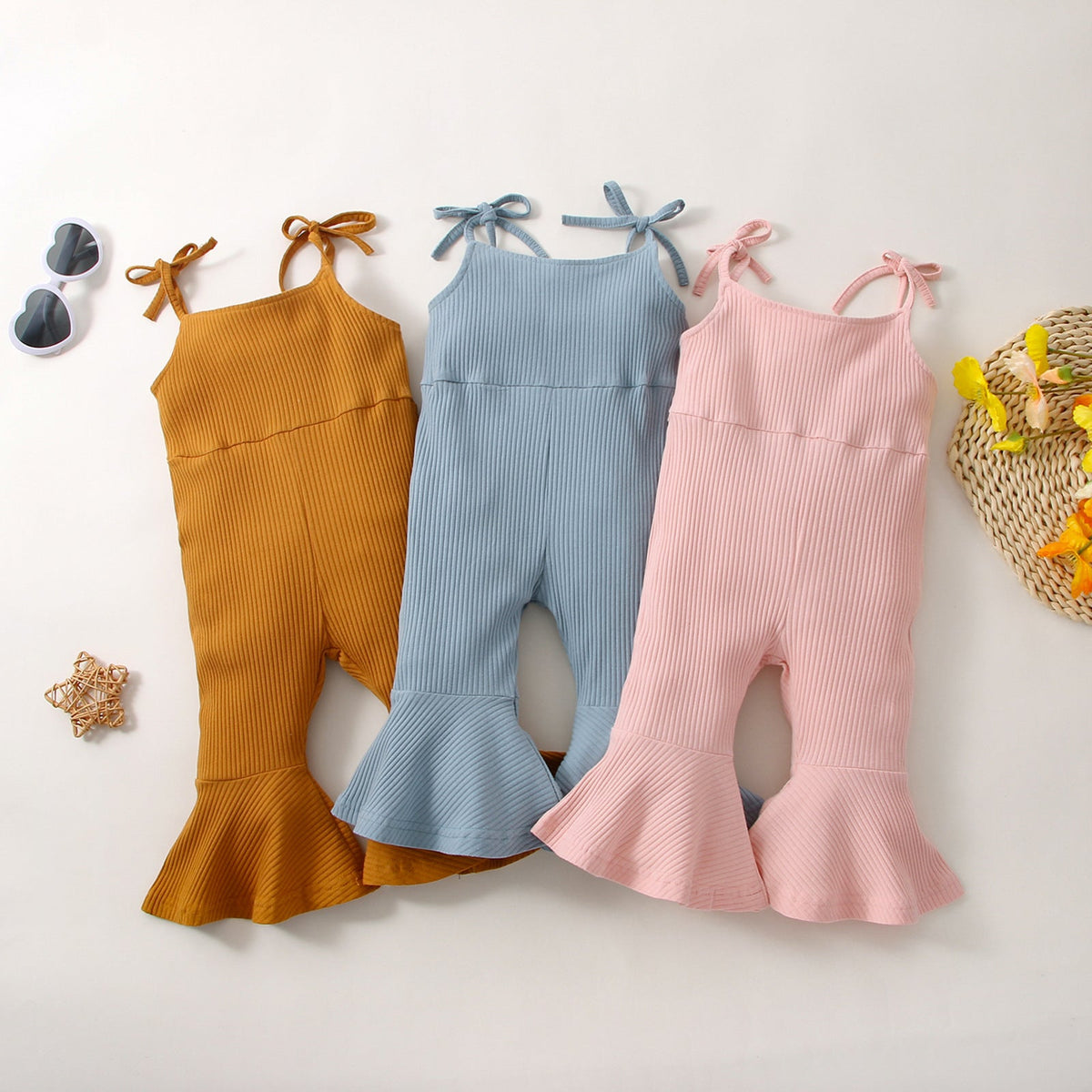 Summer Girls' Sunken Stripe Cotton Solid Color Sling One-piece Bell-bottom Pants - Cindi Book