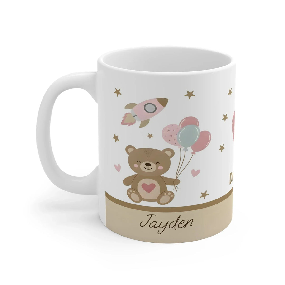 Personalized Dream Big Teddy Bear Mug | Custom Name | Balloons & Rocket Pastel Ceramic Gift