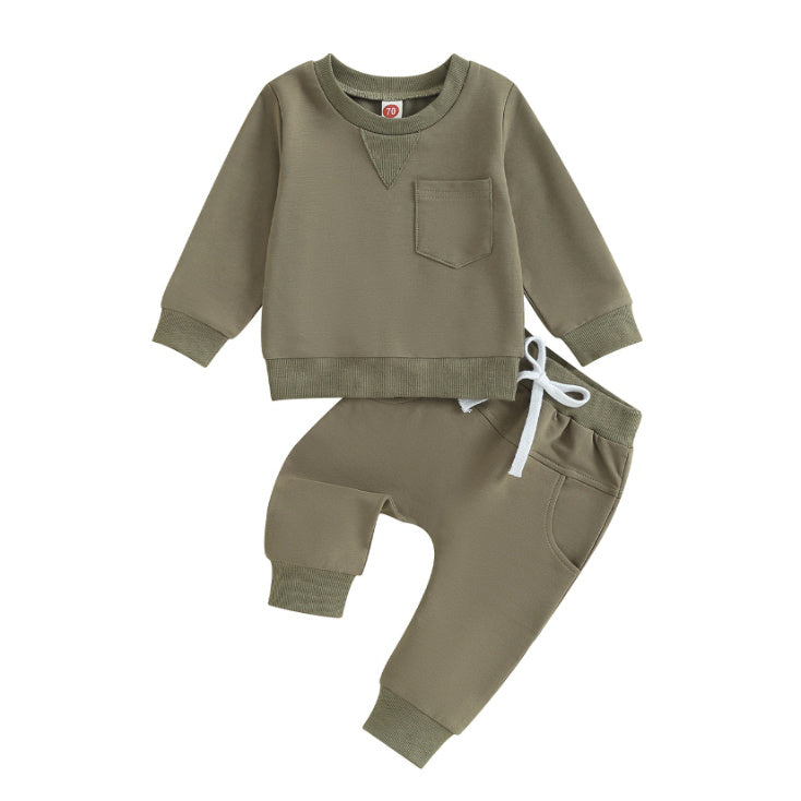 Solid Color Boy Letter Printed Round Neck Long Sleeve Trousers Set