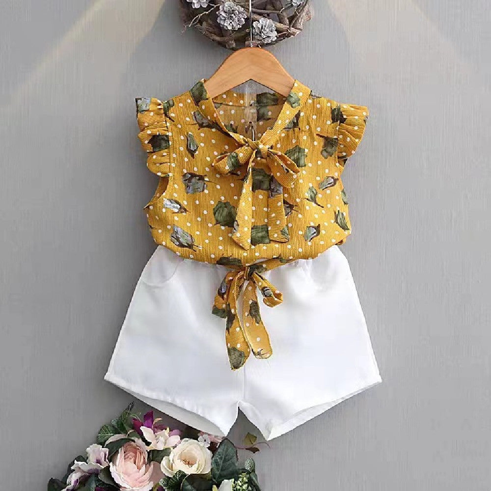 Girls Chiffon Sleeveless Flower Printed Two-piece Suit - Cindi Book