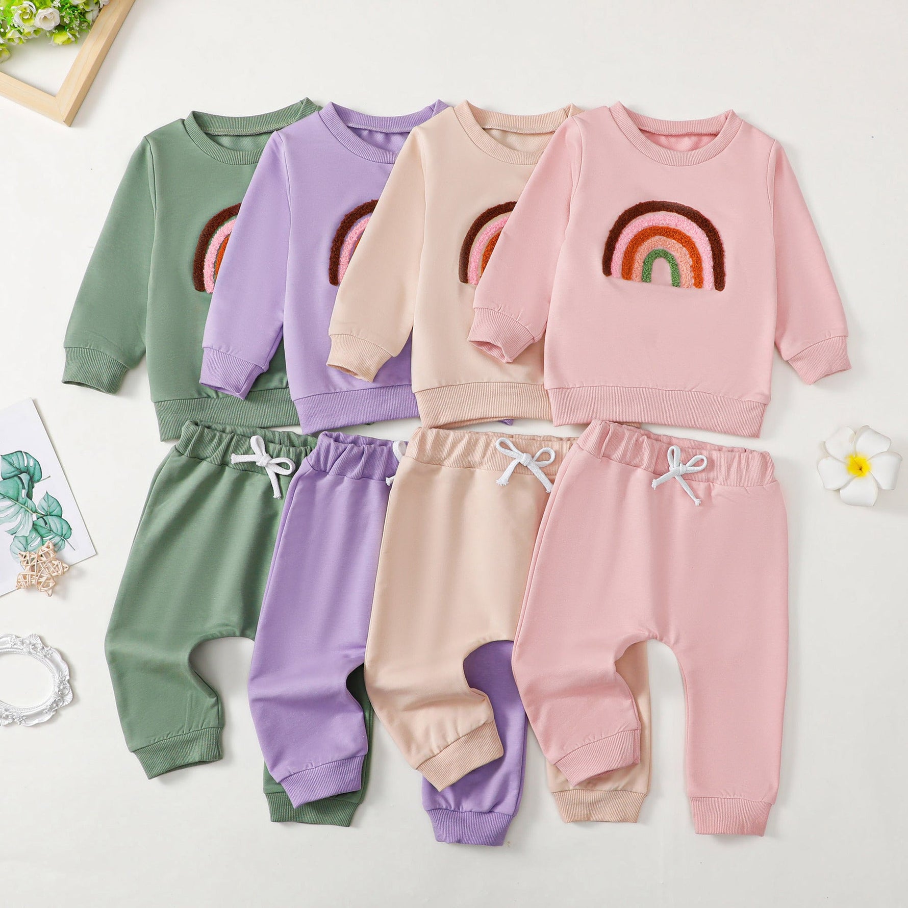 Children's Four-color Towel Embroidery Rainbow Long-sleeved Shirt Fake Drawstring Trousers Two-piece Set - Cindi Book