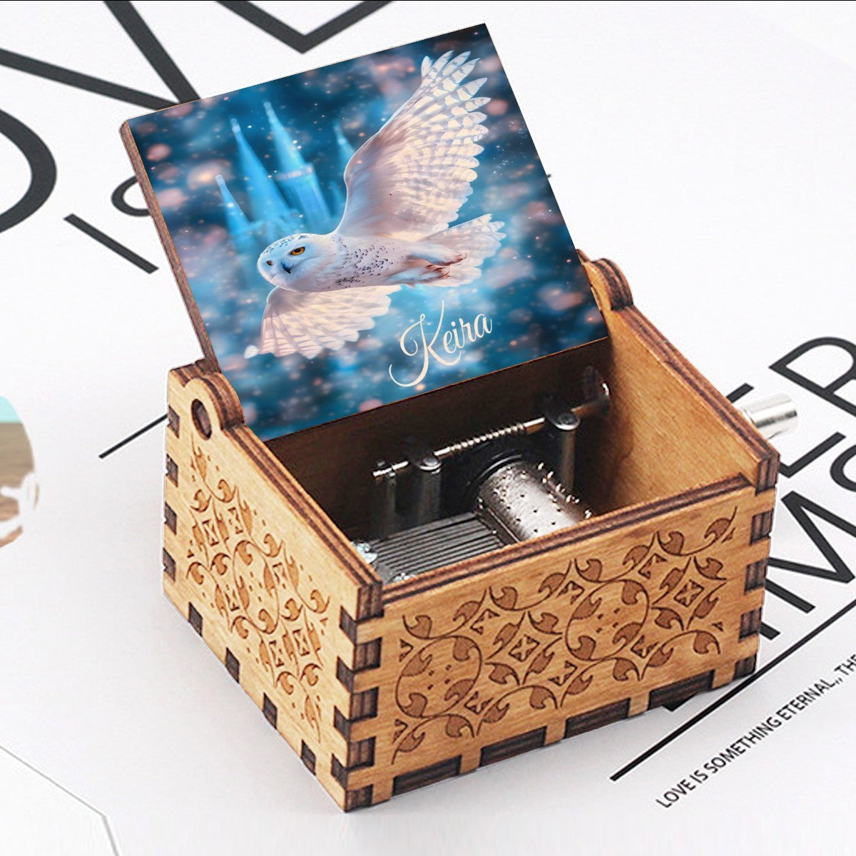 Personalized Music Box with Name - Snowy Owl in Flight over Glowing Blue Crystal Castle Night Sky - Hand-Crank Wooden Music Box Plays You Are My Sunshine - Fantasy Wizard Gift