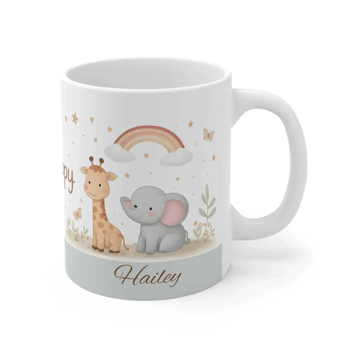 Personalized Be Happy Safari Mug | Custom Name | Baby Elephant Giraffe Boho Rainbow Ceramic Gift