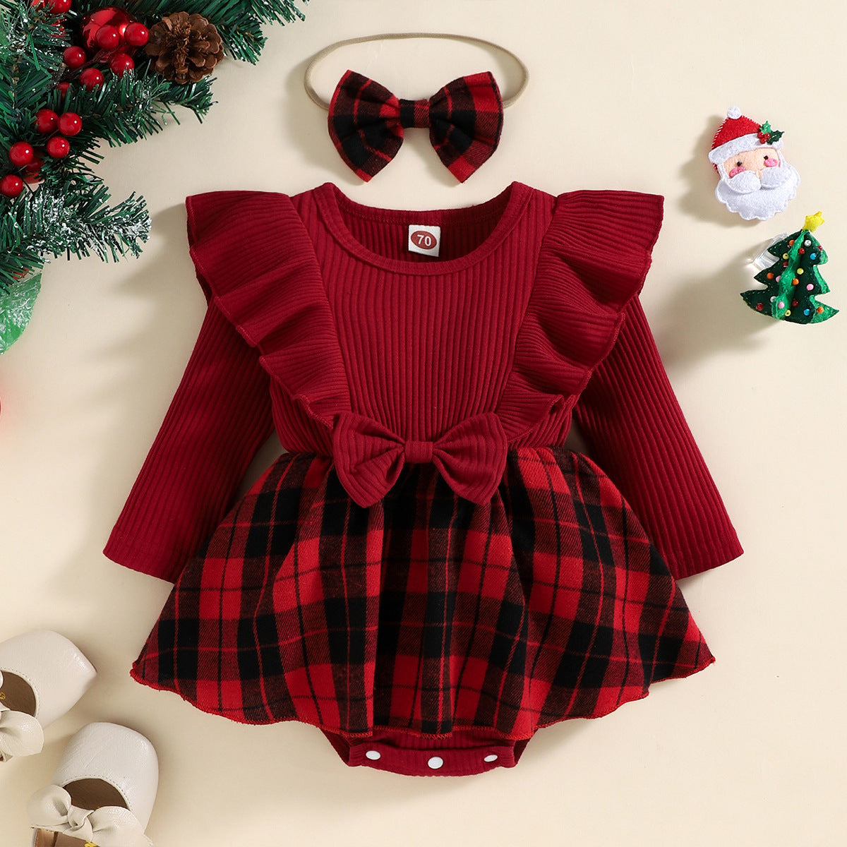 Autumn and Winter Infant Pullover Sunken Stripe Long Sleeve Tartan Skirt