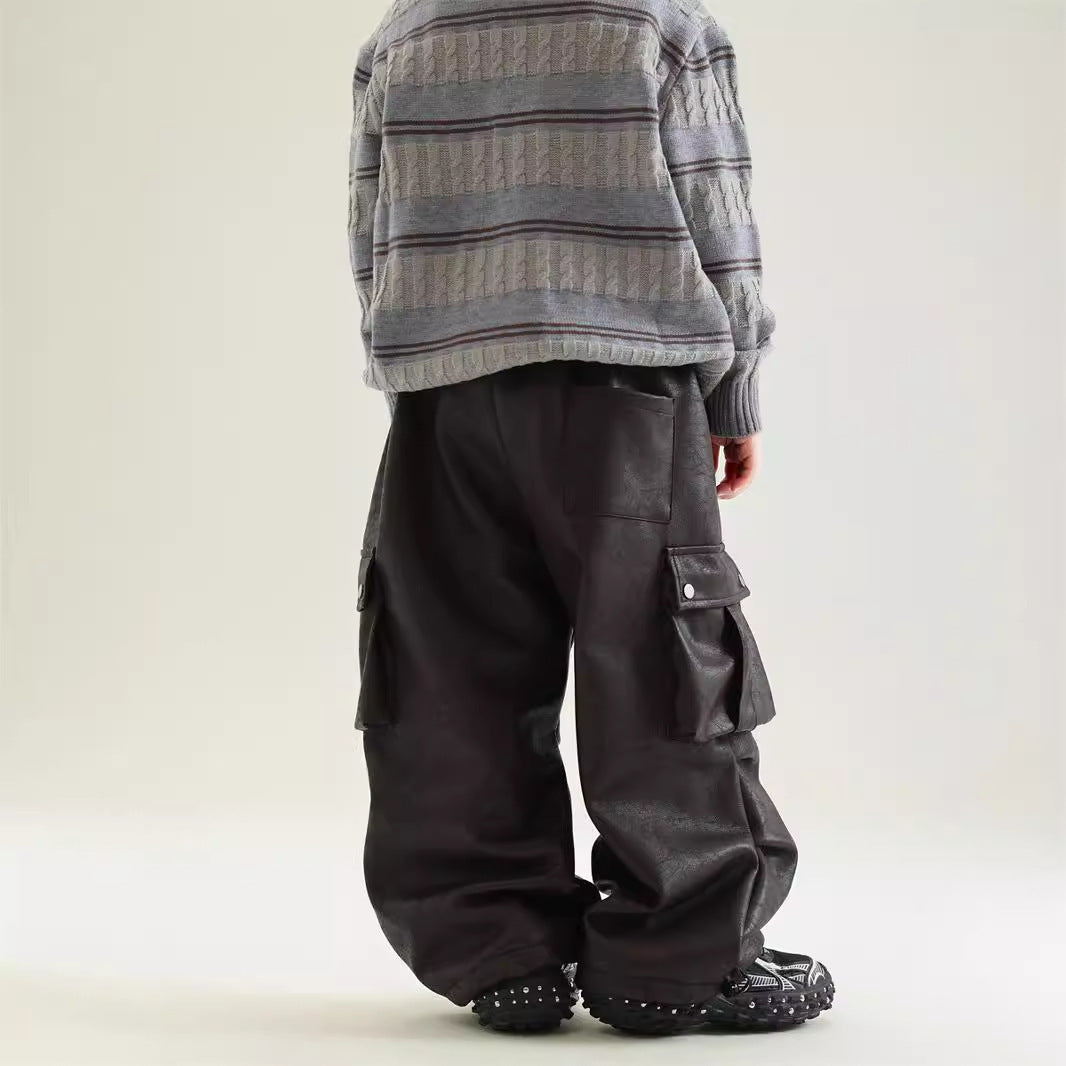 Boy Winter Fleece Lining Workwear Leather Pants - Cindi Book