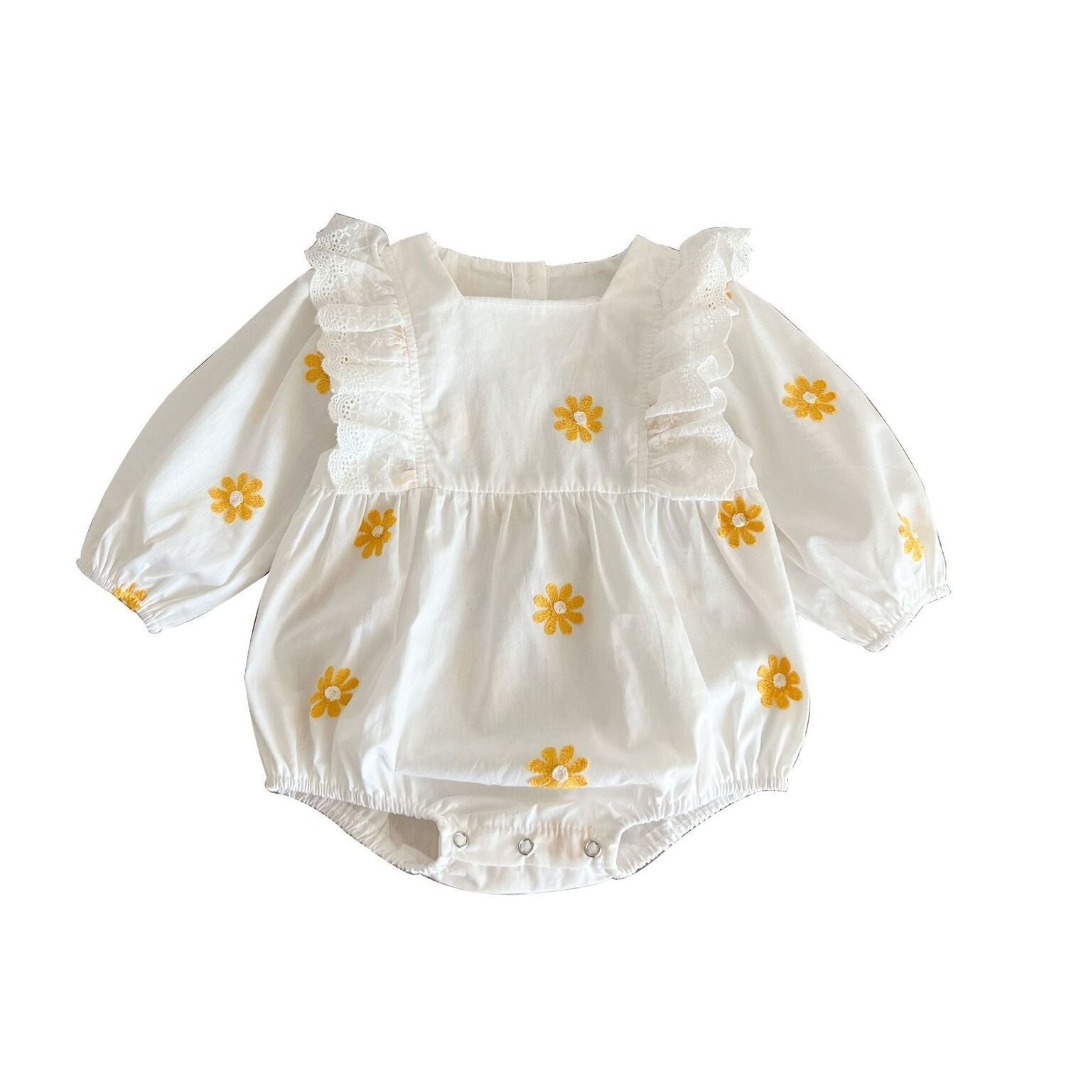 Sweet Daisies Embroidery Rompers Long Sleeve Onesie - Cindi Book