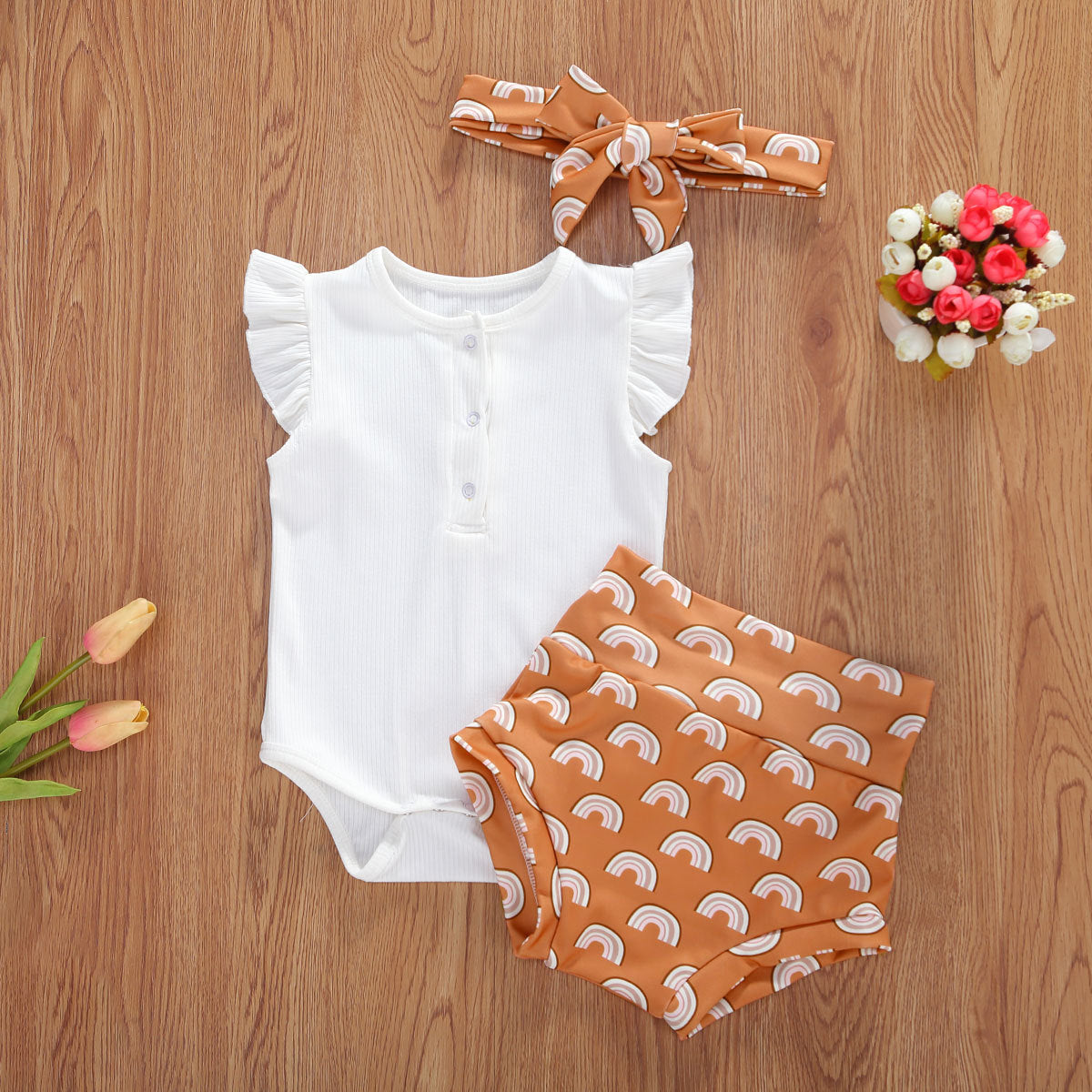 Infant And Toddler Suits Baby Girl Dark Button White Top  Printed Shorts Suit Thre-piece Set - Cindi Book