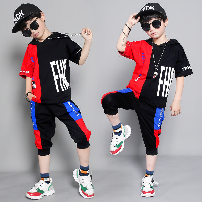 Children's clothing summer new boy short-sleeved suit in the big boy summer Korean version of the boy stitching sportswear tide - Cindi Book